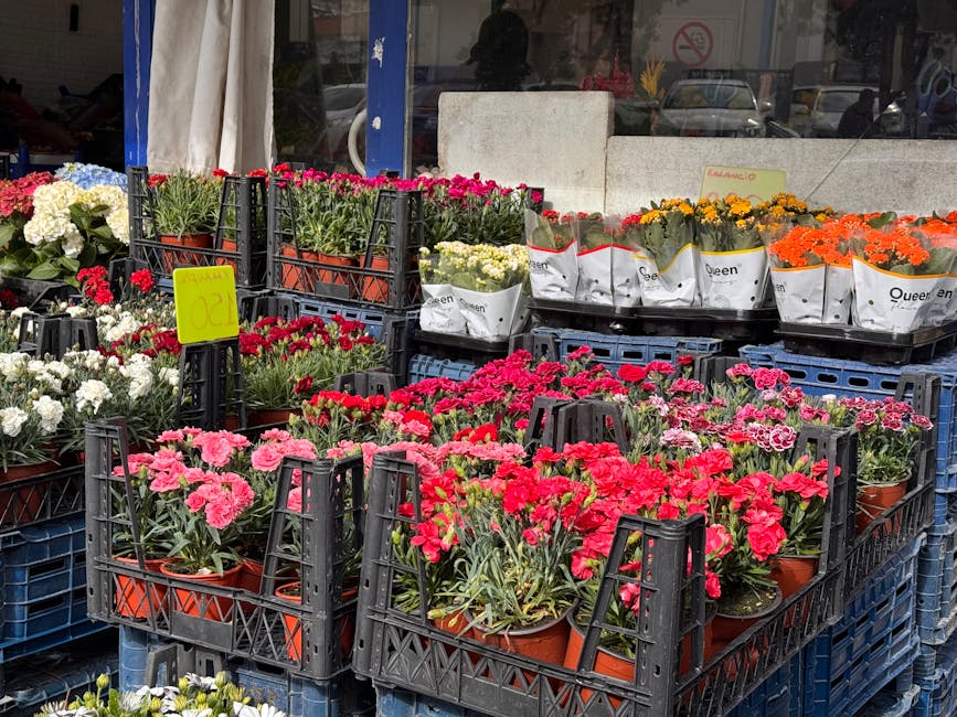 A display of potted flowers outside a flower shop, featuring vibrant pink, white, red, orange, and yellow blooms in plastic pots, stacked on black and blue crates. The arrangement includes various flo