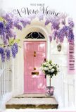 This image portrays a sunlit Sydenham Hill doorway dressed in pastel romance, the kind of entrance that immediately feels like the start of a cherished story. At its heart stands a pale pink front door, gently glowing as the light shifts across the façade, its colour harmonising with a softly painted shutter and the chalky white of the surrounding walls. Draped above the frame, wisteria spills down in cascades of lavender and dusky purple, each trailing cluster adding movement and a sense of lush abundance. The blossoms create a floral archway that feels both dreamy and grounded, as if it belongs on a quiet residential street just off Sydenham Hill Wood. On the doorstep, a vintage-style grey bucket holds a generous arrangement of white and cream roses, their petals thick and velvety, gathered with soft green foliage that peeks between the blooms. A delicate pink ribbon encircles the bucket, tied neatly at the front, echoing the door's hue and tying the whole pastel palette together. Gentle sunlight glances off the metal and stone, leaving pools of warm light and shadow that give the scene depth and softness. Everything about the composition speaks of hope and welcome-the cascading wisteria, the classic roses, the thoughtful ribbon detail-making it an ideal visual for a housewarming message, a congratulations on a new flat near Sydenham station, or any card that wants to capture the emotion of stepping over a threshold for the very first time and feeling, deep down, that you are finally home.